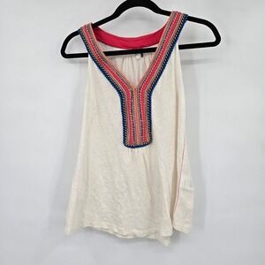 Akemi + Kin Sleeveless Top Multicolor Embroidered‎ Linen Blend Boho Tank M